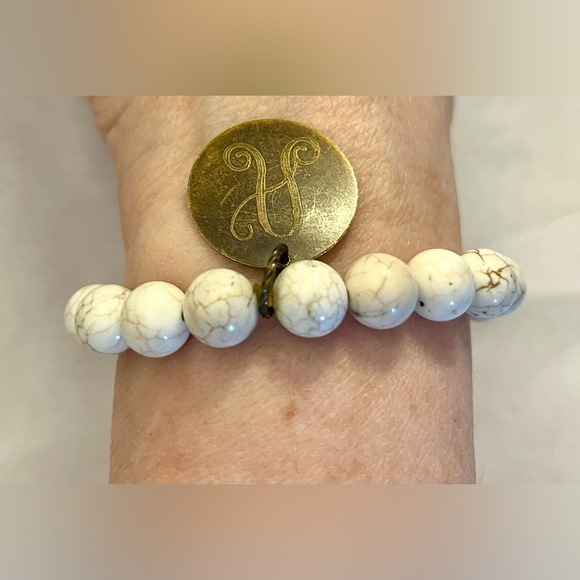 Gemstone bead elastic bracelet w/ A initial charm jewelry - Picture 2 of 16